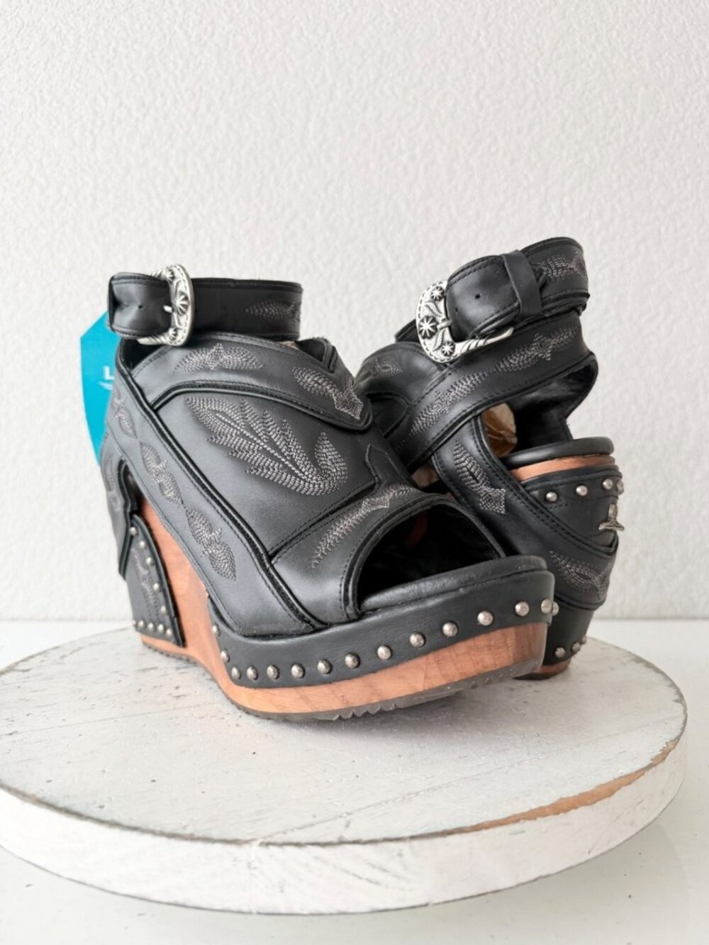 Lane Boots Lexington Jet Black Leather Western Wedge Sandals Wood Heel Womens 11 - Picture 12 of 12